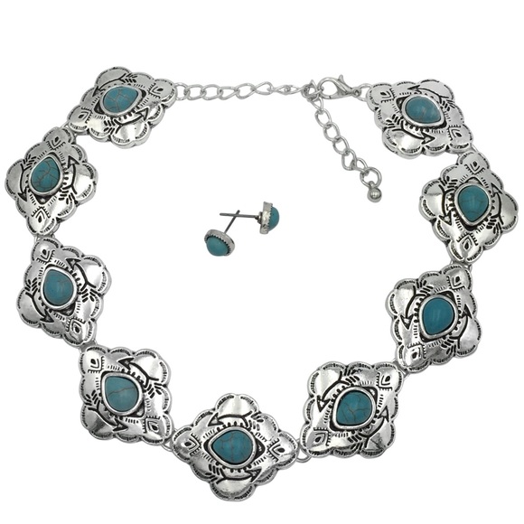 Turquoise Stone Concho Silver Choker Necklace Stud Earring Set - Picture 1 of 2